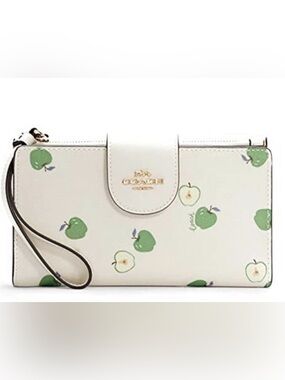 Coach Phone Wallet Cream Leather Wristlet with Green Apple Print and Gold Logo